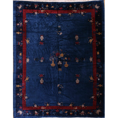 Hand Knotted Wool Floral Area Rug in Blue