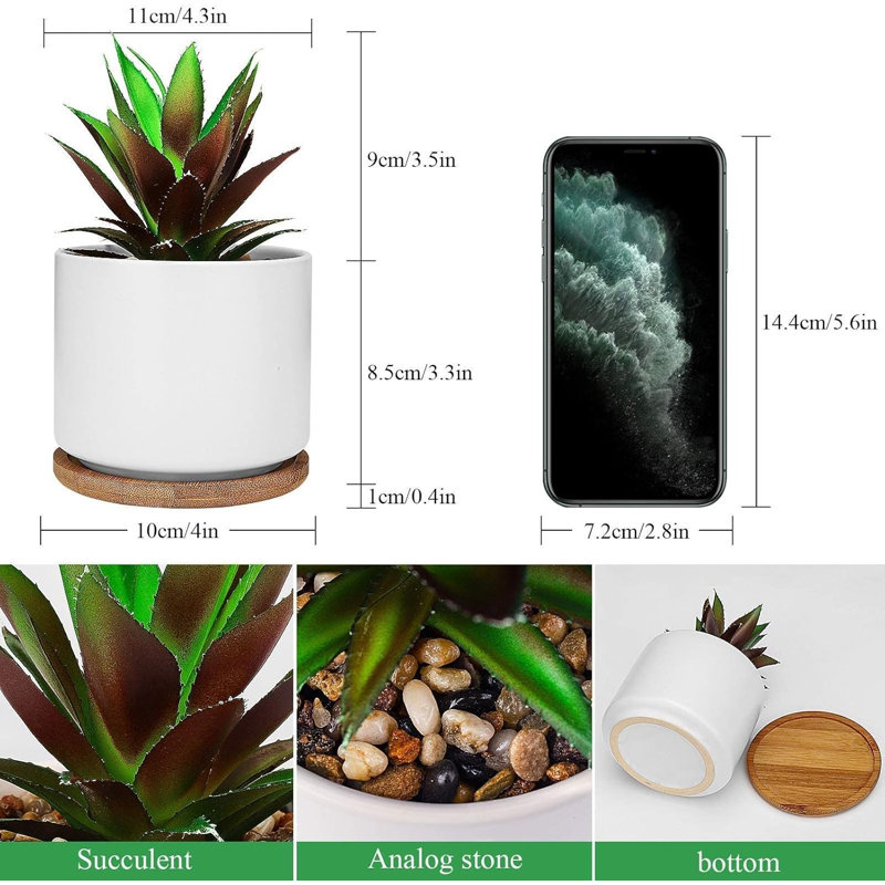 Ananas artificiel en pot en céramique avec plateau en bois