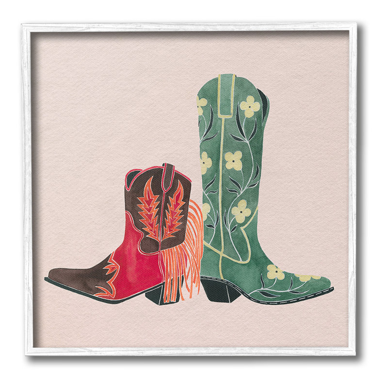 Bottes de cow-boy à motifs encadrées, estampe numérique par Grace Popp, Giclée encadrée blanc bord de mer, H 17 po x l 17 po