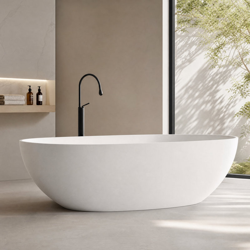 Baignoire autoportante profonde KAKUSIGA 66,9 po, en résine de pierre blanche mate.