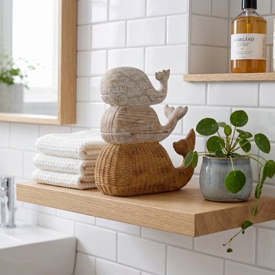 Stacked Whale Sculpture, Three Textured Resin Whales Statue with Whitewashed, Dotted, and Woven Rattan-Look Details 