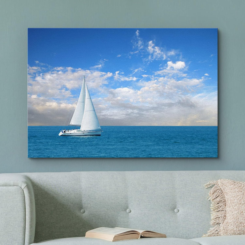 «Beautiful Seascape White Sail Boat On The Clear Blue Sea Sky» sur, Toile tendue, H 32 po x l 48 po