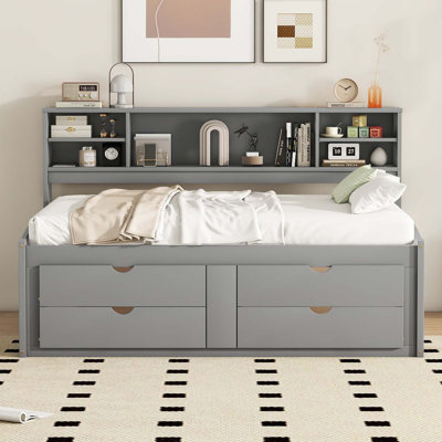 Full Size Wood Daybed with 2 Bedside Cabinets, Upper Shelves and 4 Drawers by Red Barrel Studio