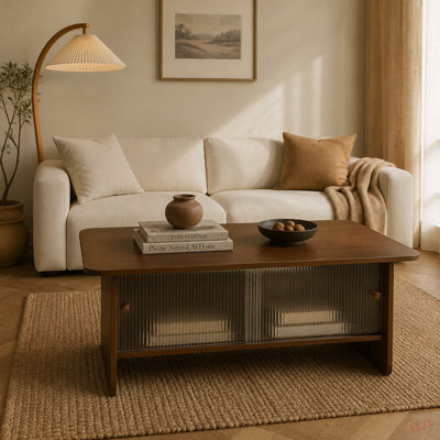 47" Coffee Table With Storage, Rectangular Mid-Century Retro Center Table, Fluted Glass Sliding Doors For Living Room Bedroom Guest Room