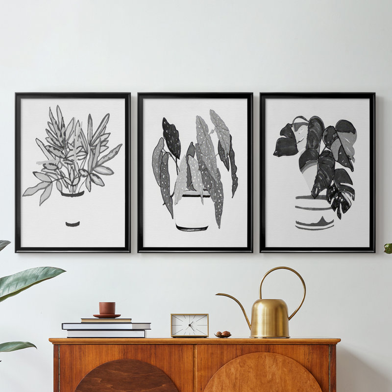 B&W Plante d'intérieur IV - Toile sur châssis tendue avec châssis encadré - 3 pièces, H 27 po x l 39 po, Noir