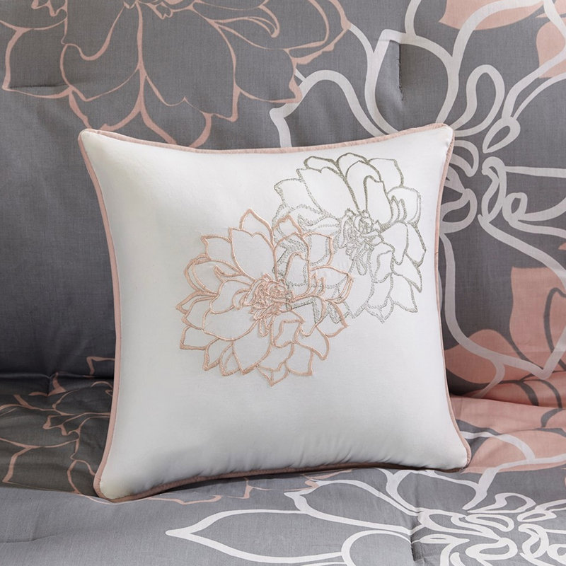 Literie en coton pour grand lit - gris / pêche, floral, jupe de lit et 3 coussins décoratifs gris / pêche, avec