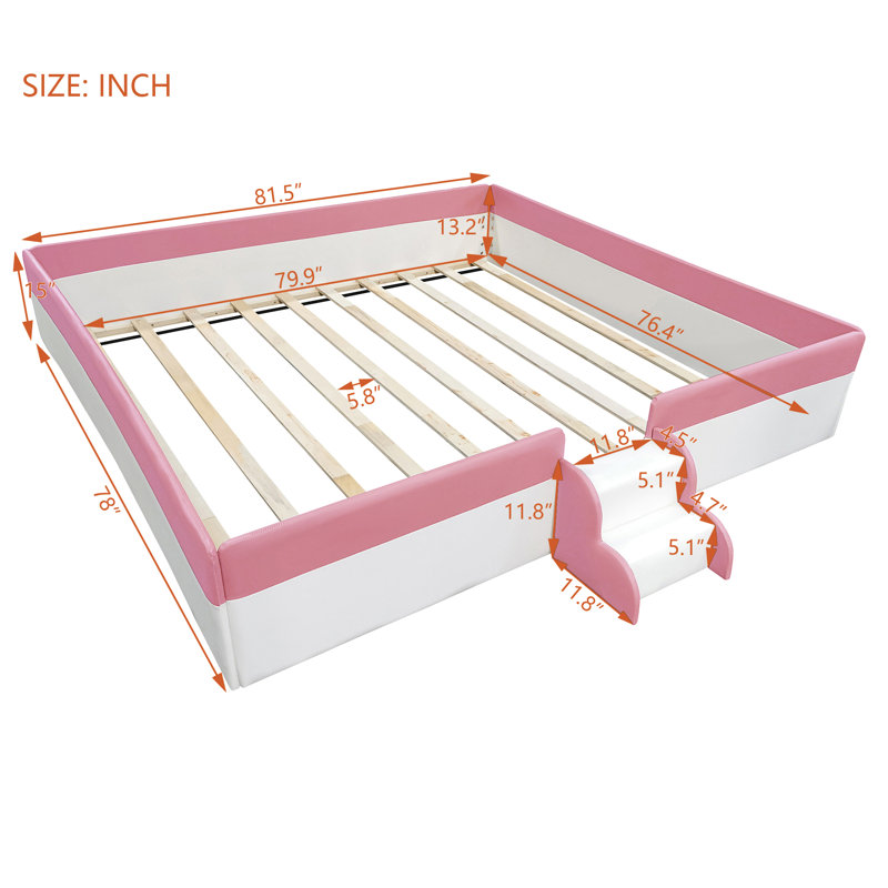  Upholstered Daybed Frame with PU Fence and 2-Tier Stair, Slatted Platform Bed,(PINK+WHITE), King