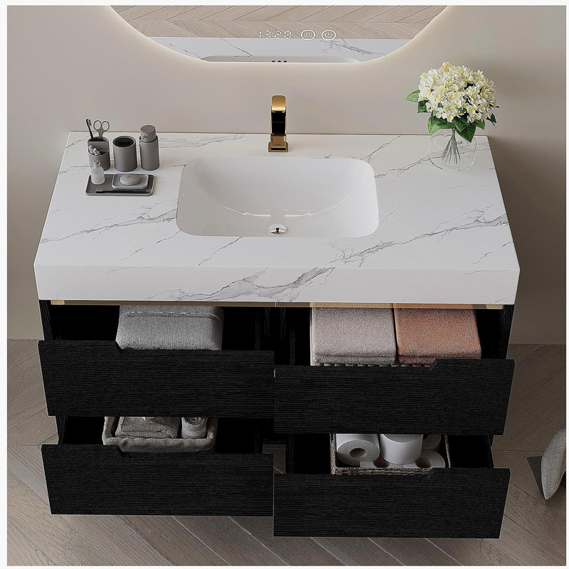 Meuble-lavabo moderne de 35,4 po avec lavabo sous comptoir, plateau en pierre frittée, bois massif multicouche imperméable, rangement à 4 tiroirs, autoportant / mural