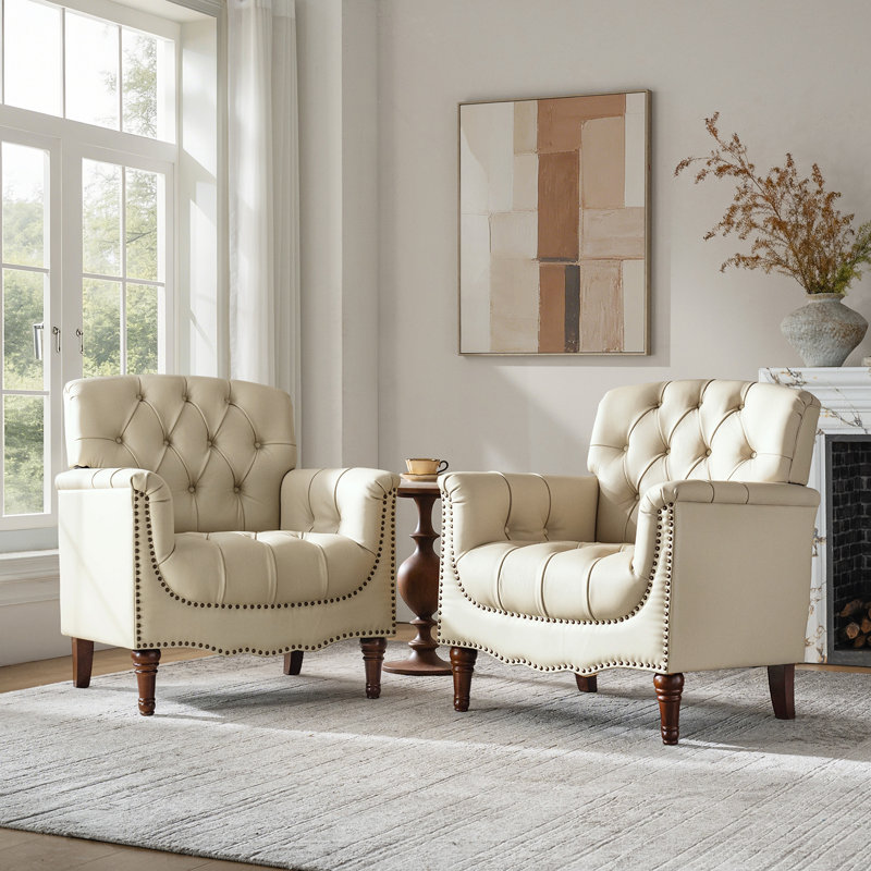 Annja 32" W Tufted Genuine Leather Armchair, Beige