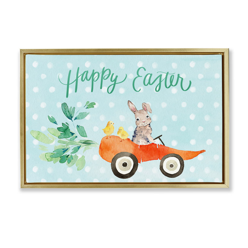 Cadre flottant de lapin de voiture carotte de Pâques, design par Heather Lee Chan, H 17 po x l 25 po, Doré