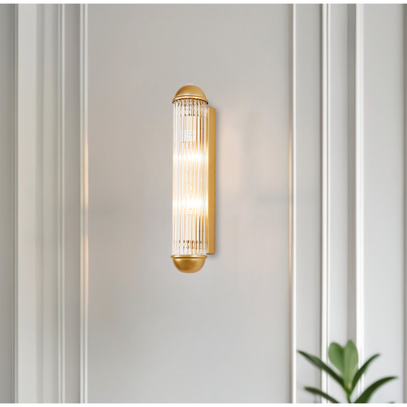 2-light Skyscraper Art deco Ribbed Glass Rod Cylindrical Wall Sconce, Gold