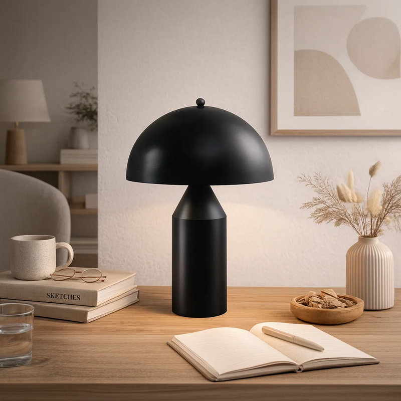 Lampe de table Cardy Retro, abat-jour dôme champignon rétro, métal noir
