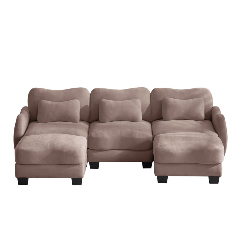 Canapé en forme de U en chenille avec 3 coussins de taille exquise, canapé modulaire surdimensionné à 3 places avec 2 repose-pieds mobiles, conception incurvée ergonomique, canapé modulaire facile à assembler pour le bureau du salon, poussière de rose