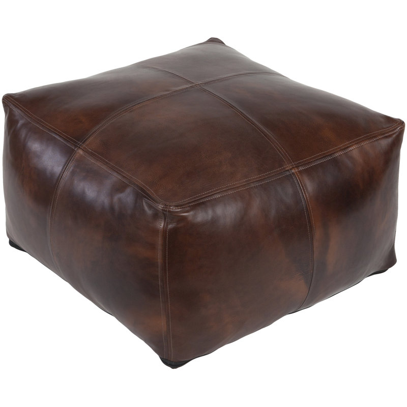 Upholstered Pouf, Dark Brown Genuine Leather