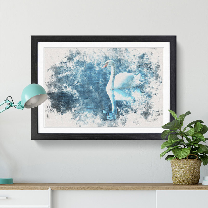 White Swan on a Blue Lake Watercolour - Picture Frame Graphic Art Print, Black Framed, 62cm H x 87cm W x 2cm D