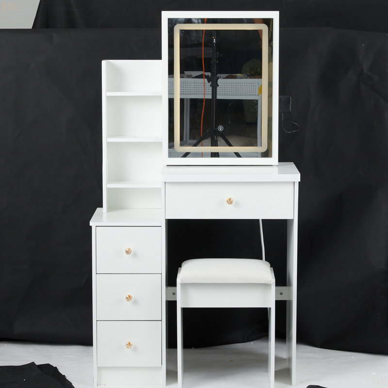 Petite coiffeuse de 29,2 po avec tabouret de chevet gauche + grand tabouret rembourré, commande tactile, interrupteur tricolore, miroir à luminosité réglable, rangement à grande capacité, convient aux petits espaces