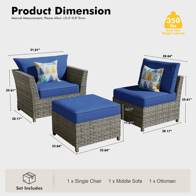 Ensemble de chaises de patio 3 pièces avec chaises longues modulaires et repose-pieds, assise en osier toutes saisons, aucun assemblage requis