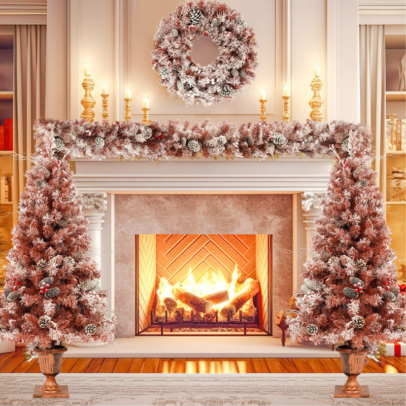 Ensemble d'arbre de Noël artificiel 4 pièces GO, aiguilles brunes avec flocage, avec lumières chaudes, pommes de pin et baies, arbre artificiel pour porte et foyer