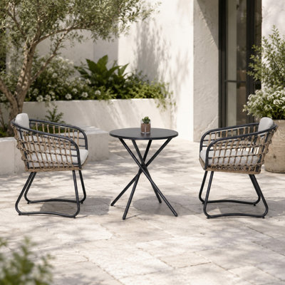 Ensemble 3 pièces de chaise bistro en rotin avec table et coussin