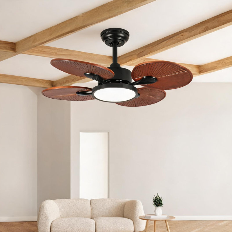 Ventilateur de plafond de salon avec lumière, 33 pouces, finition naturelle, 5 pales en bois massif