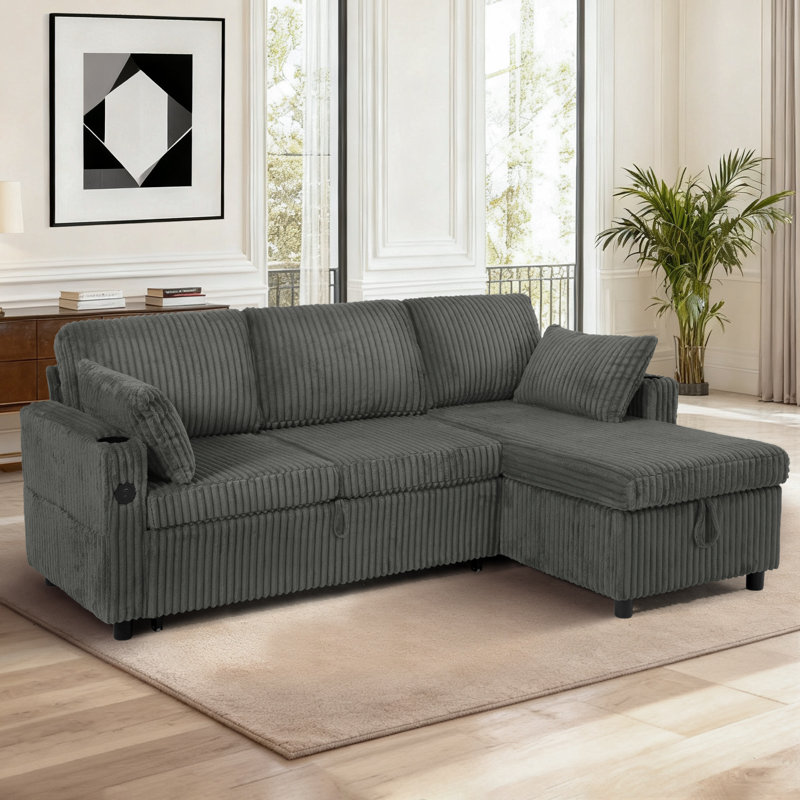 84" Corduroy L Shaped Sofa W/ Pull Out Sofa Bed & Adjustable Backrests, Gray