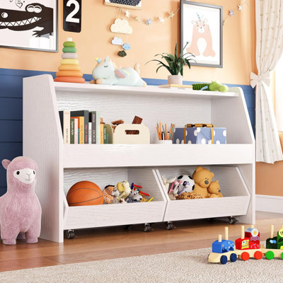 2-Tier Toy Storage & Organizer Bookshelf with Cubbies & 2 Removable Drawers - Kids Room Storage Solution for Toys, Books & Decor by Ebern Designs