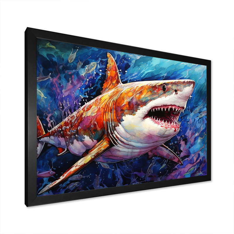 " Shark Haven Under Water Painting II ", Black Single Picture Framed, 24" H x 32" W x 1" D
