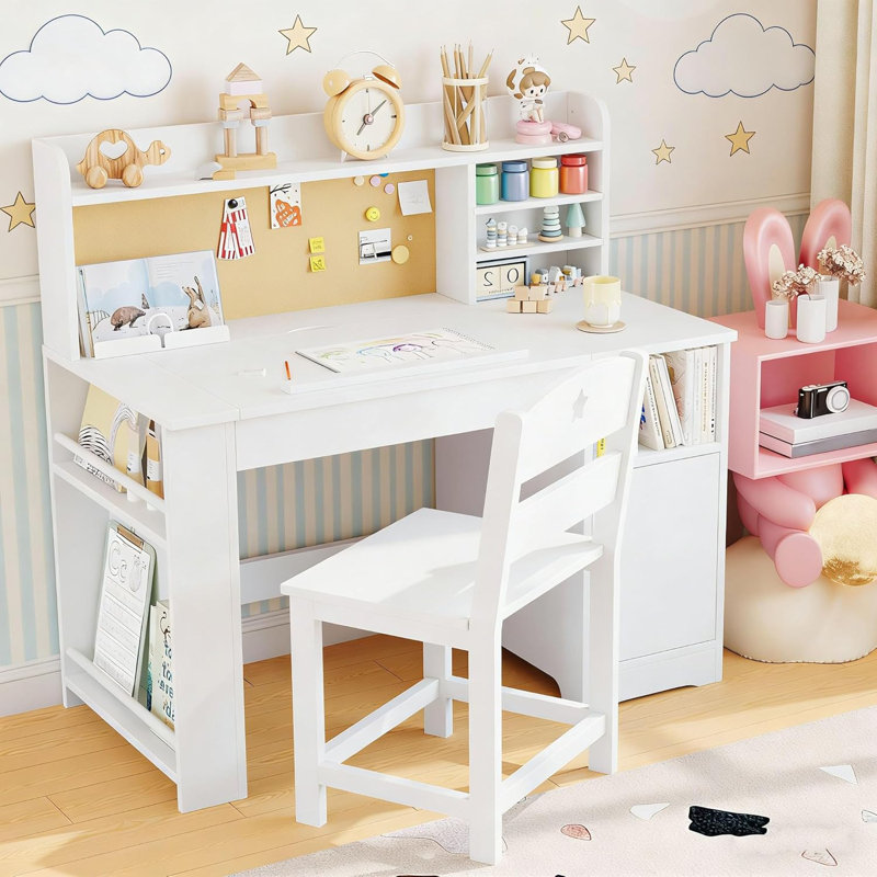 Study Desk and Chair Set, Desks with Hutch and Tiltable Desktop, Wooden Study Table with Storage Cabinet, Student Writing Desk for Bedroom & Home School