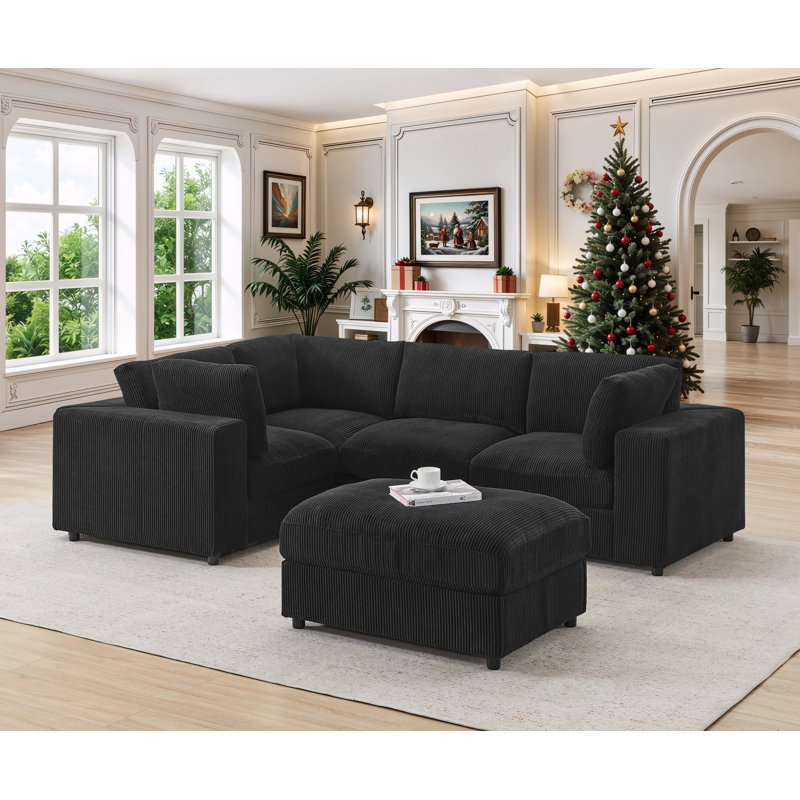 Blewle Corduroy Upholstered Modular Sectional, Black Corduroy
