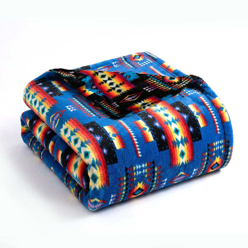 Plush Western Fleece Blanket, Double Sided, 87" W x 95" L, Blue Geometric