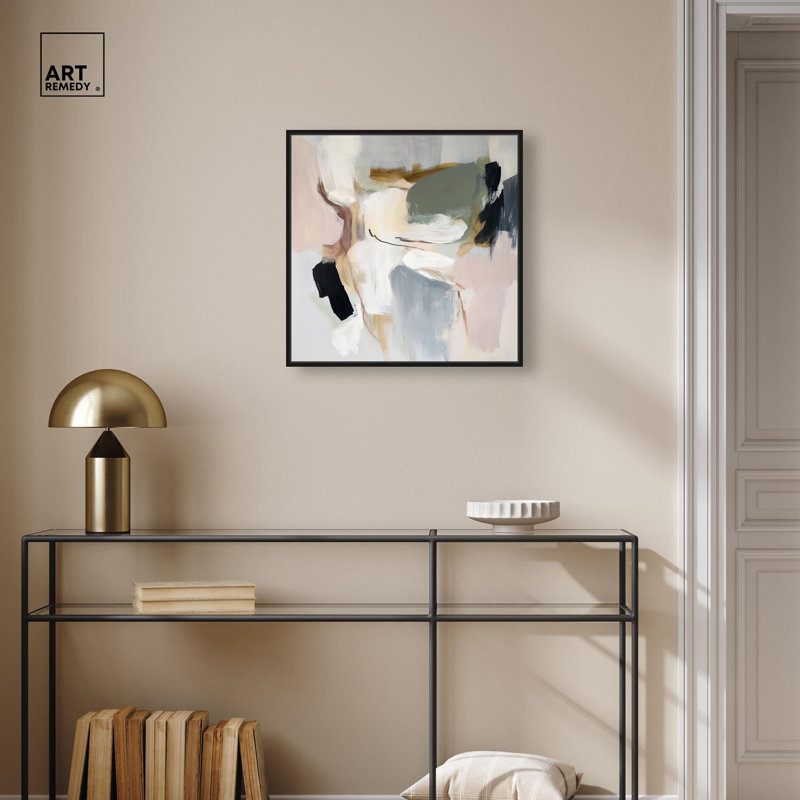 «Softened Encounters II», art abstrait neutre par Art Remedy, H 21 po x l 21 po, Cadre flottant noir