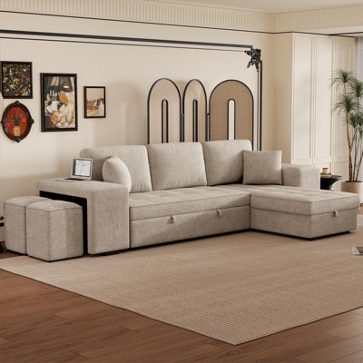 104.5" Modern L-Shape 3 Seat Reversible Sectional Couch, Pull Out Sleeper Sofa with Storage Chaise and 2 Stools for Living Room Furniture Set