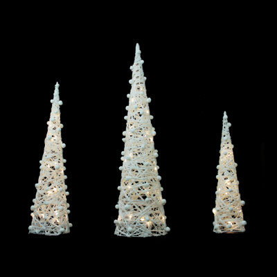 Set of 3 LED Lighted White Glittered Cone Tree Christmas Decoration 39.25"