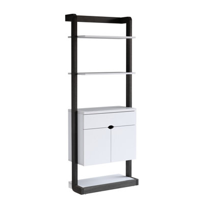 Modern Bookcase With Four Open Shelves, One Drawer, And Two Cabinets In White Grey Smooth Door Opening Contemporary Display Shelves For Organization Display, Metal Hinges - &