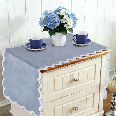 Boho Farmhouse Scalloped Embroidered Table Runner Dusty Blue Polyester Blend Coastal Table Decor for Coffee End Table