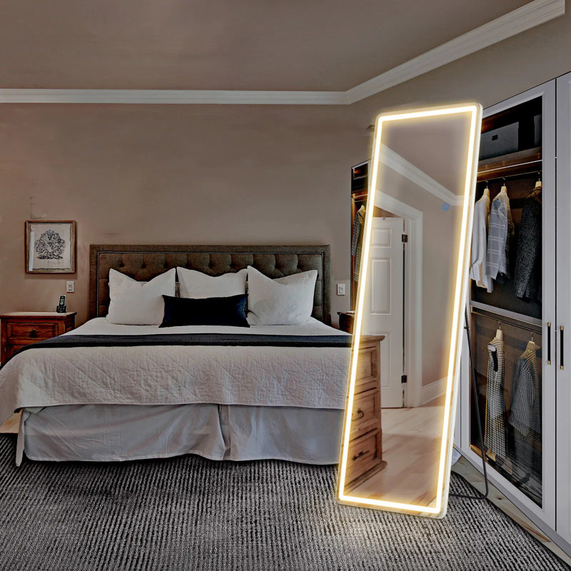 Led Lighted Floor Mirror With Stand, 3 Color Lighting & Adjustable Brightness, Full Length Standing Mirror, Wall Mountable