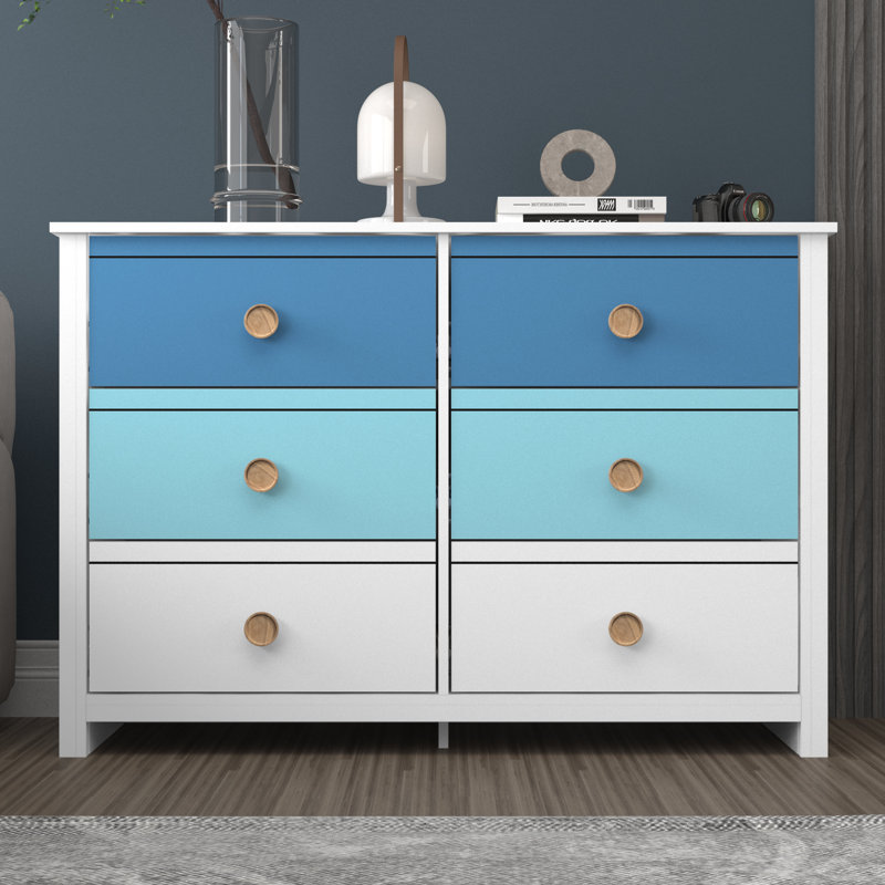 Commode 6 tiroirs Bustillo, Blanc / bleu Lewis / bleu clair