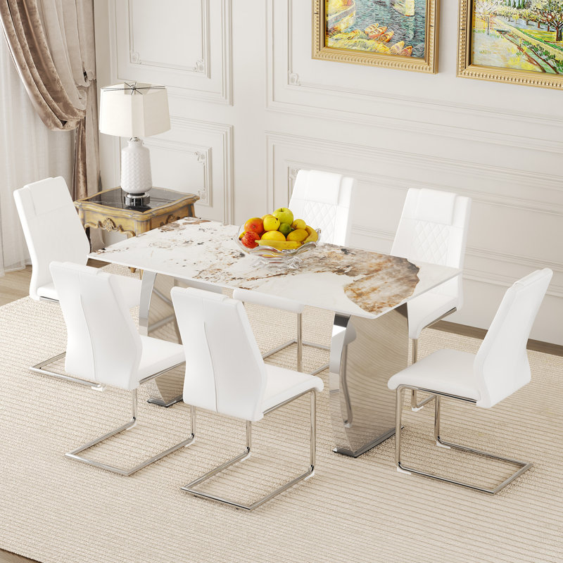  Ensemble de table de salle à manger 7 pièces en pierre frittée avec pieds en métal argenté et chaises en polyuréthane, style luxueux, blanc