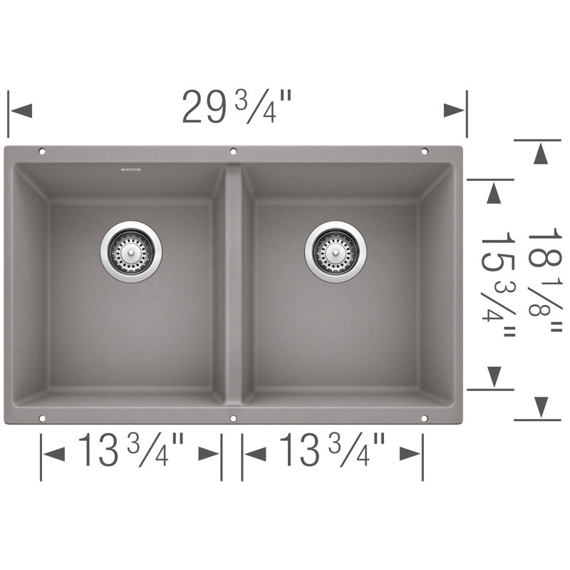 Évier de cuisine à double cuve avec crépine Precis Silgranit L 30 po x l 18 po, Gris métallisé