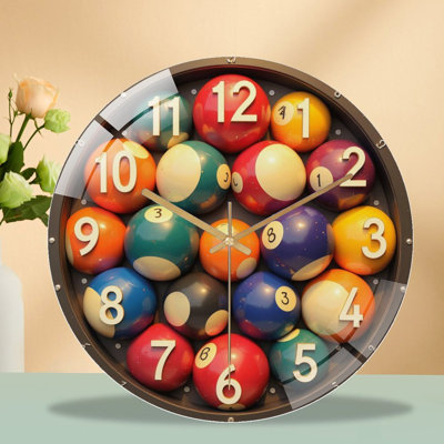 Ensemble de boules de billard colorées et uniques pour jeux vidéo - Horloge murale moderne en verre 12 po