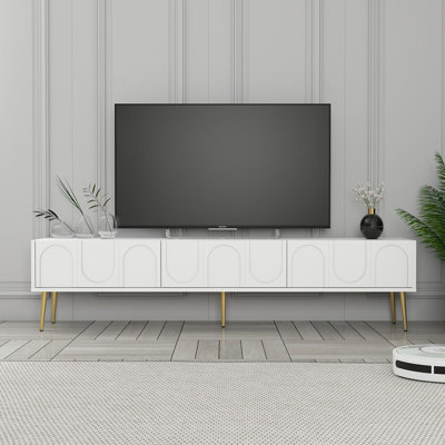 Modern TV Stand with Wall-Mount Option, White and Gold, 70.9 x 16.9 x 13.8 inches | 100% Melamine Coated Particle Board, Thickness: 0.7 inches | Multiple Shelves for Organizing, Stylish Geometric Design for Living Room