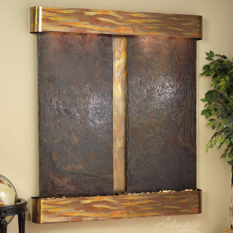 Cottonwood Falls Fountain with Light, Stainless Steel, Green Slate, Square