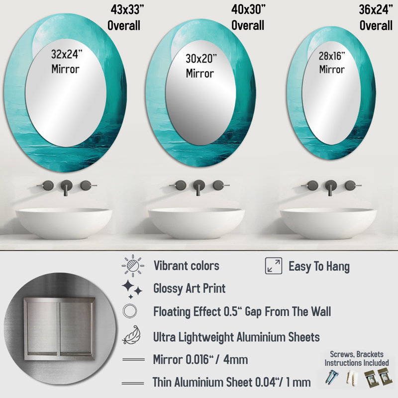 Teal Moon Tranquility I - Modern Oval Wall Mirror, 43" x 33"
