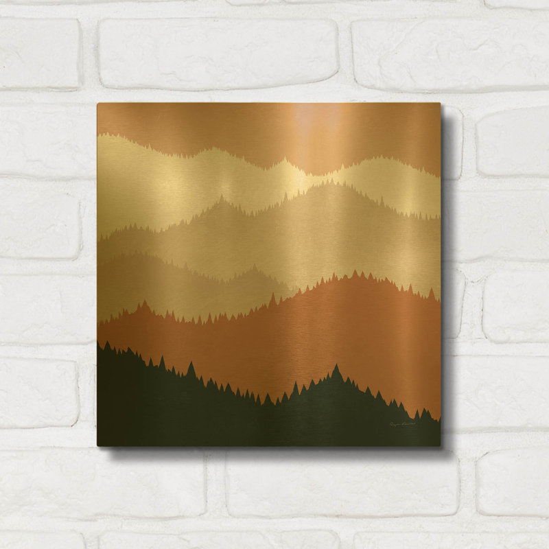 Vue sur la montagne en terre cuite de Ryan Fowler, tableau mural en métal doré, 30,5 cm x 30,5 cm, 12 po x 12 po