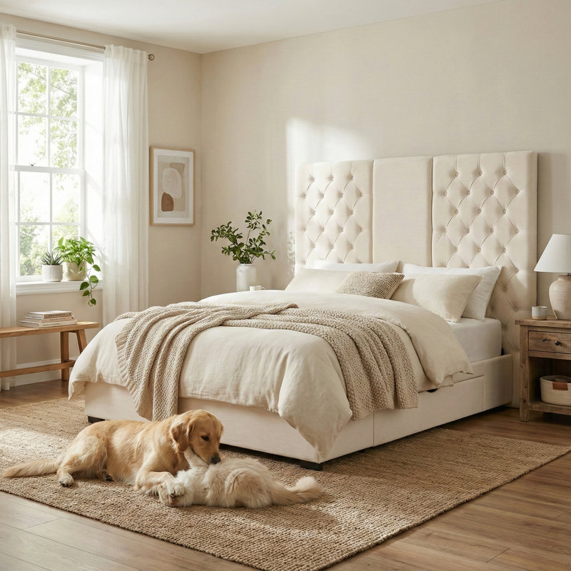 Extra-Tall Tufted Velvet Upholstered Platform Bed with Storage Drawers, Queen, Cream Velvet, Cream, Queen