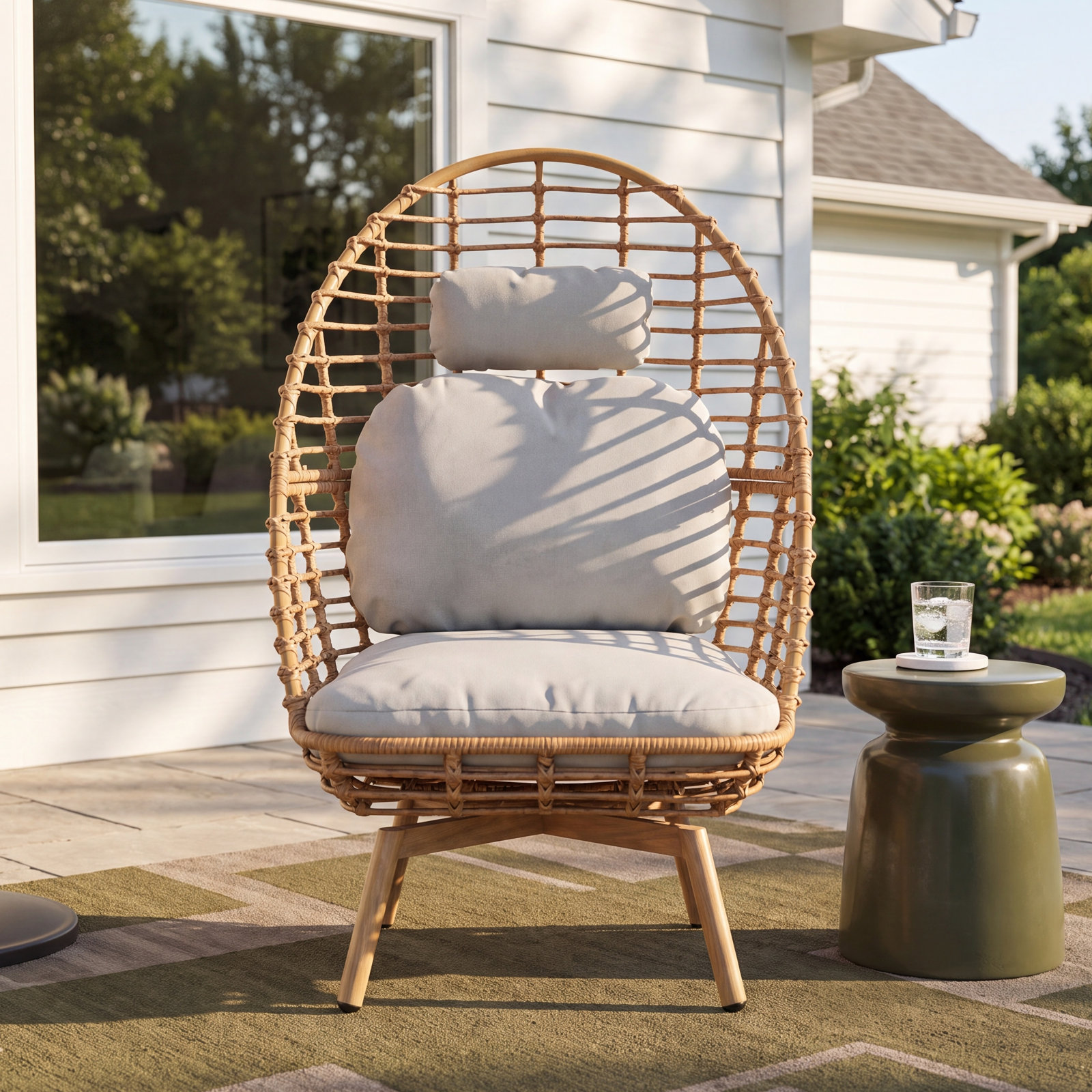 Ellis Outdoor Wicker High-Back Swivel Lounge Chair, Teak Finished Leg, Light Brown Faux Rattan And Beige Cushion