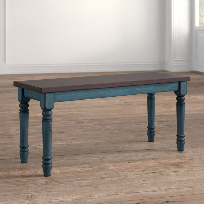 Banc de salle à manger de style campagnard en bois massif bicolore de 40 po Ivor, Dessus fumée brûlée / base bleu sarcelle