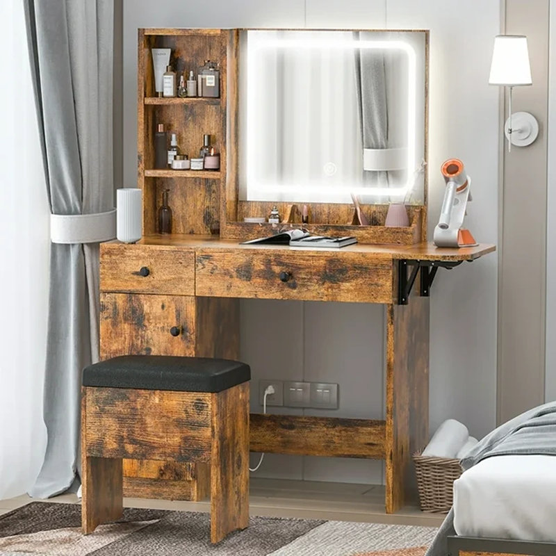 Vanity Desk Set With Led Lighted Mirror & Power Outlet, Makeup Table Top with 3 Open Bookcases, 3 Cubbies, 2 Drawers, Dresser Table for Bedroom, Checkroom