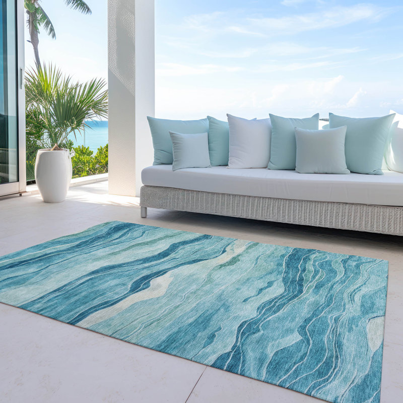 Turquoise and Blue Synthetic Flat Woven Washable Rug