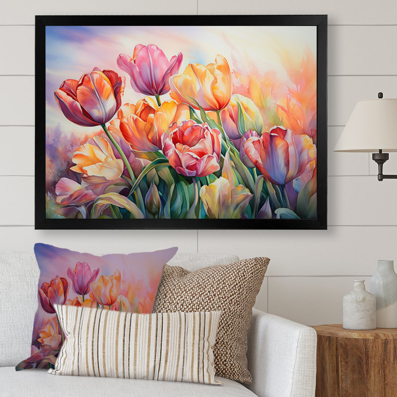 Tulipes au coucher du soleil II sur toile, Cadre simple noir, H 16 po x l 32 po x P 1 po